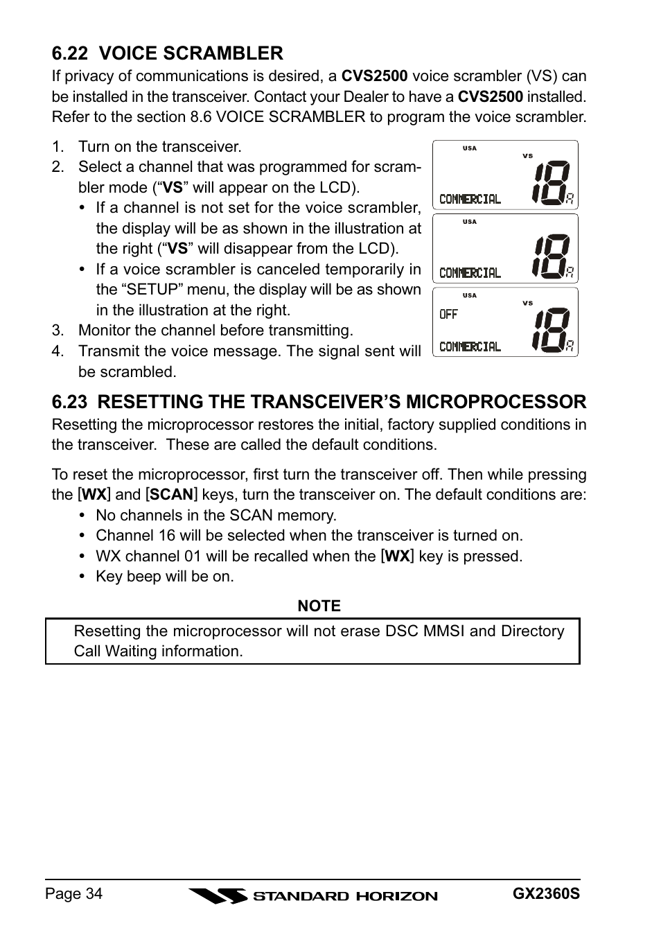 22 voice scrambler, 23 resetting the transceiver’s microprocessor | Standard Horizon QUANTUM GX2360S User Manual | Page 34 / 76