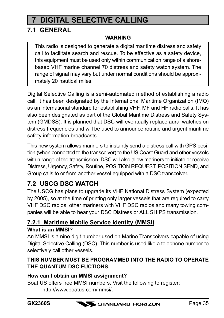 7 digital selective calling, 1 general, 2 uscg dsc watch | Standard Horizon QUANTUM GX2360S User Manual | Page 35 / 76