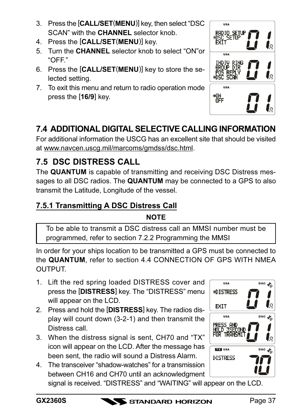 4 additional digital selective calling information, 5 dsc distress call | Standard Horizon QUANTUM GX2360S User Manual | Page 37 / 76