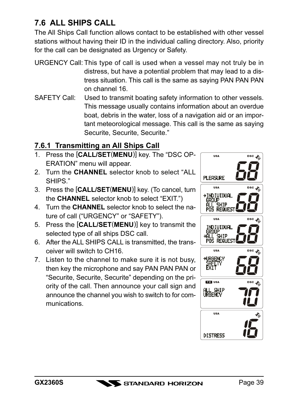 6 all ships call | Standard Horizon QUANTUM GX2360S User Manual | Page 39 / 76