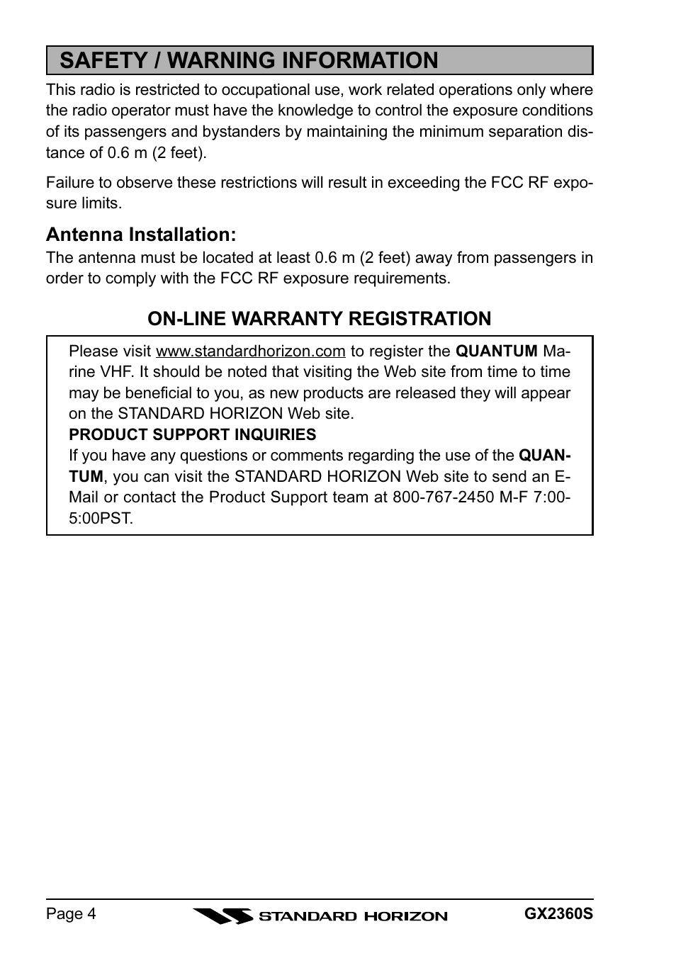 Safety / warning information | Standard Horizon QUANTUM GX2360S User Manual | Page 4 / 76