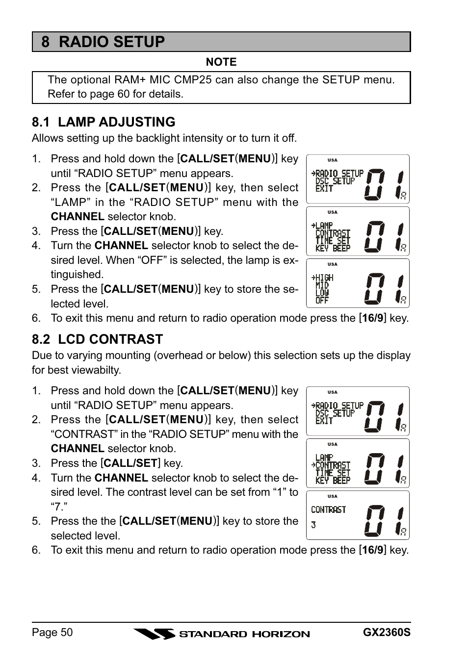 8 radio setup, 1 lamp adjusting, 2 lcd contrast | Standard Horizon QUANTUM GX2360S User Manual | Page 50 / 76