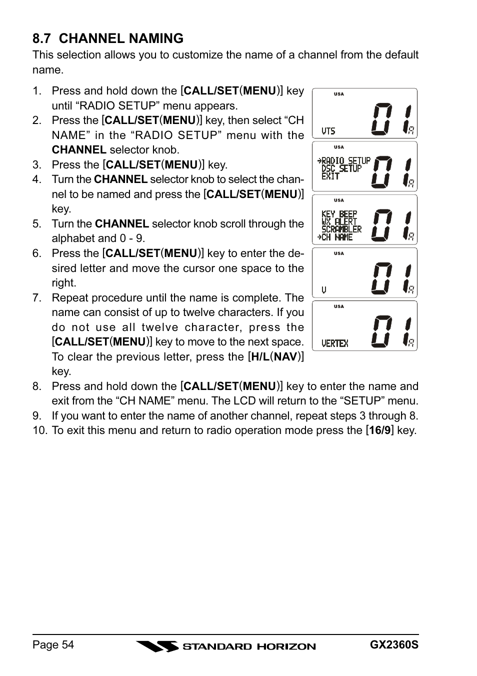 7 channel naming | Standard Horizon QUANTUM GX2360S User Manual | Page 54 / 76