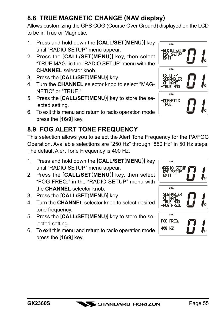 8 true magnetic change (nav display), 9 fog alert tone frequency | Standard Horizon QUANTUM GX2360S User Manual | Page 55 / 76