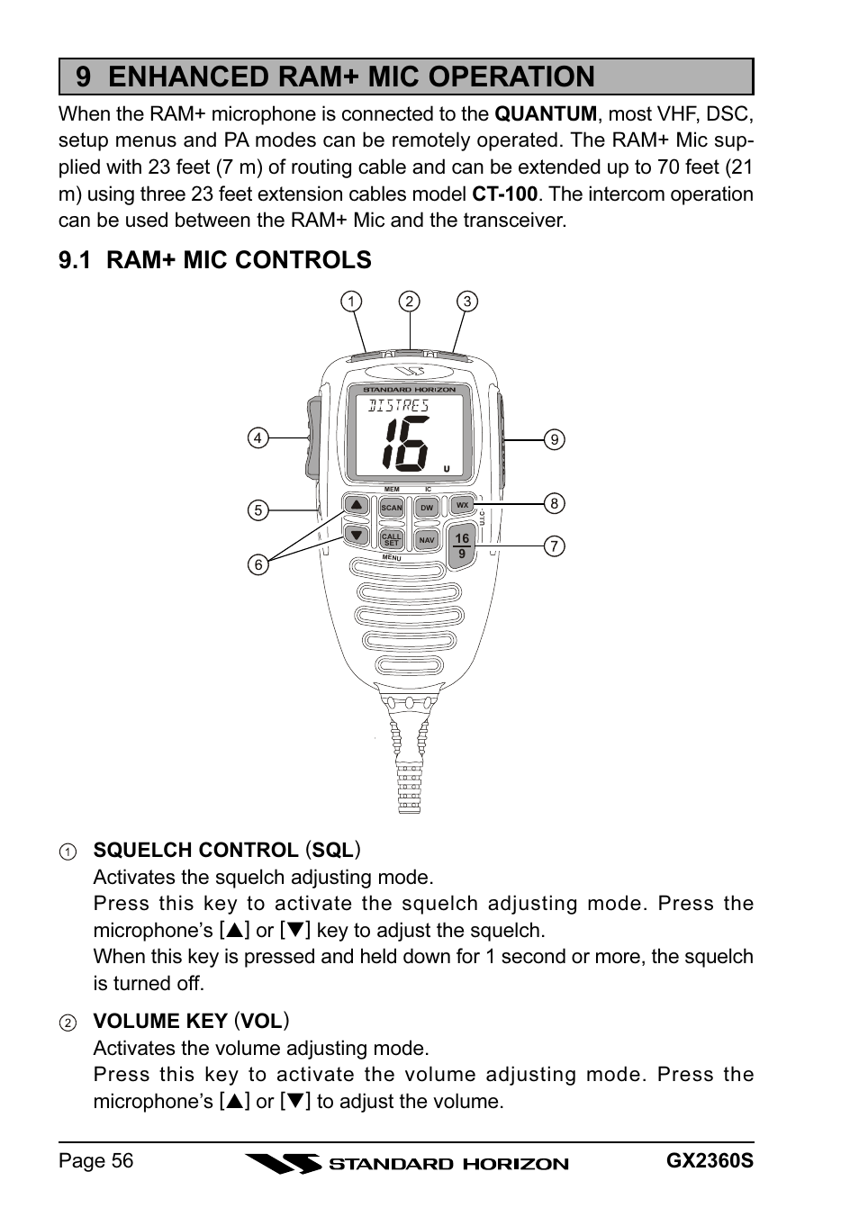 9 enhanced ram+ mic operation, 1 ram+ mic controls | Standard Horizon QUANTUM GX2360S User Manual | Page 56 / 76
