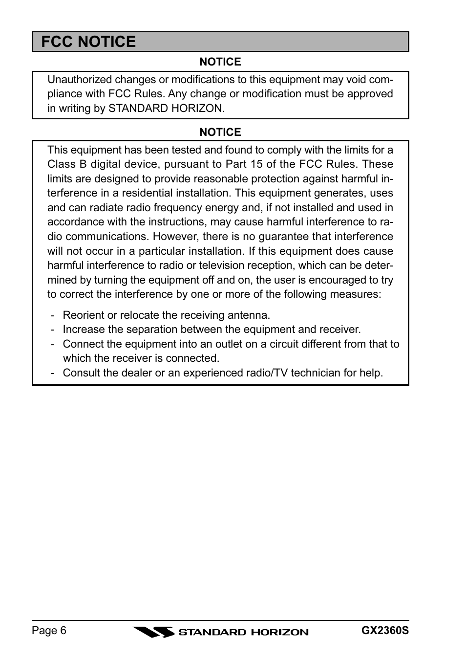 Fcc notice | Standard Horizon QUANTUM GX2360S User Manual | Page 6 / 76