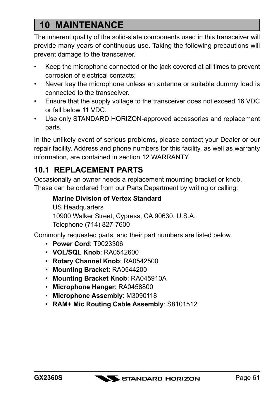 10 maintenance, 1 replacement parts | Standard Horizon QUANTUM GX2360S User Manual | Page 61 / 76