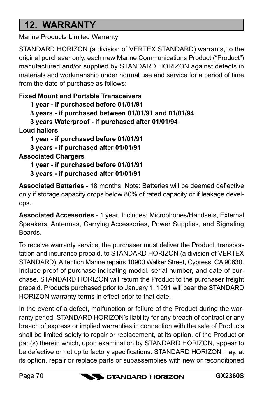 Warranty | Standard Horizon QUANTUM GX2360S User Manual | Page 70 / 76