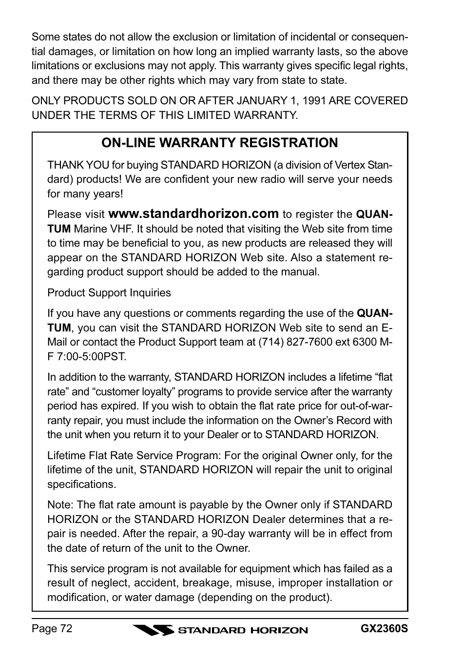 On-line warranty registration | Standard Horizon QUANTUM GX2360S User Manual | Page 72 / 76