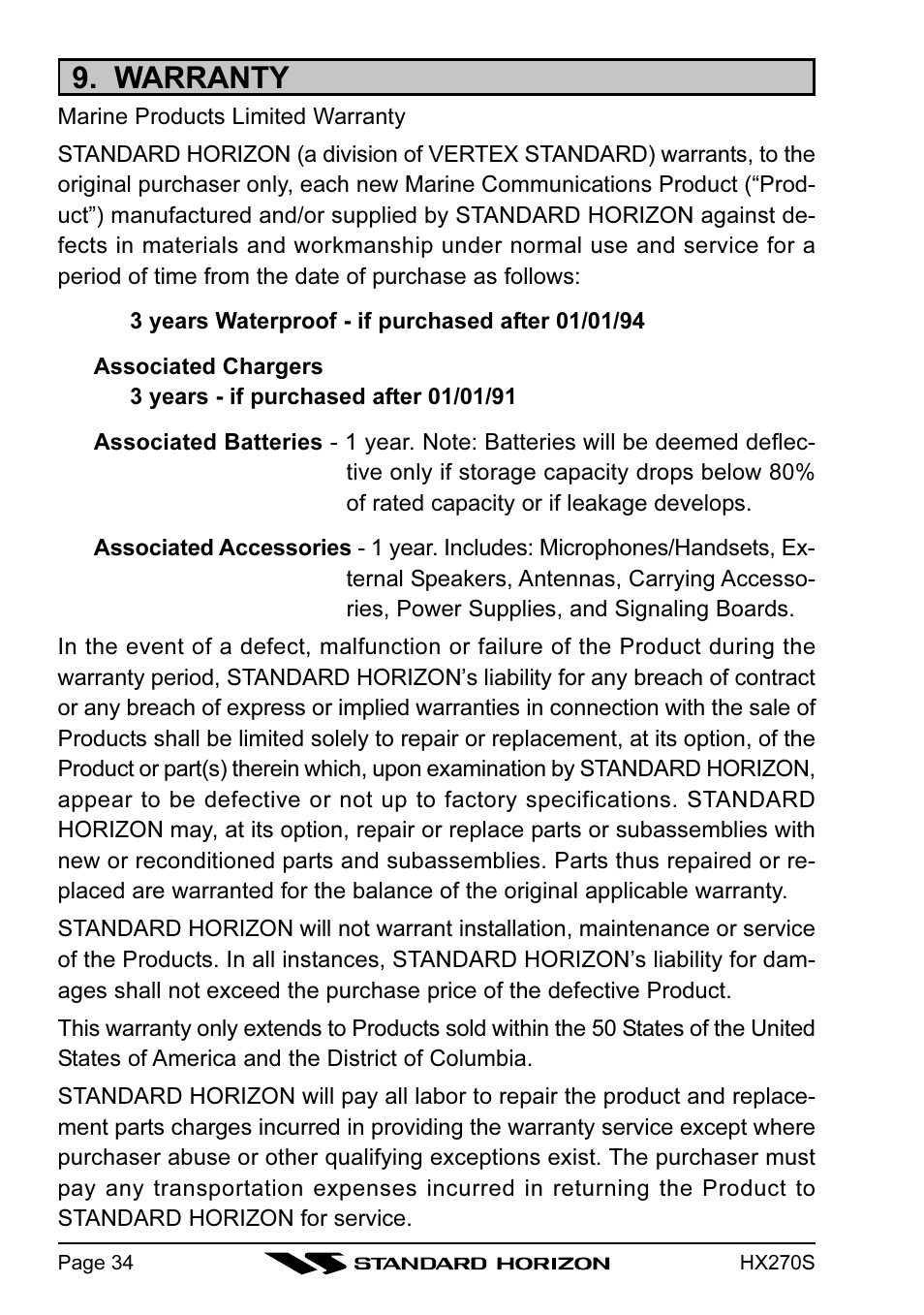 Warranty | Standard Horizon HX270S User Manual | Page 36 / 44