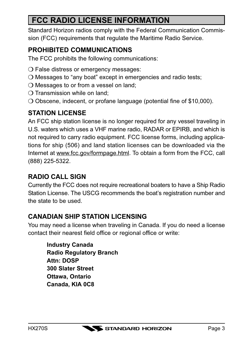 Fcc radio license information | Standard Horizon HX270S User Manual | Page 5 / 44