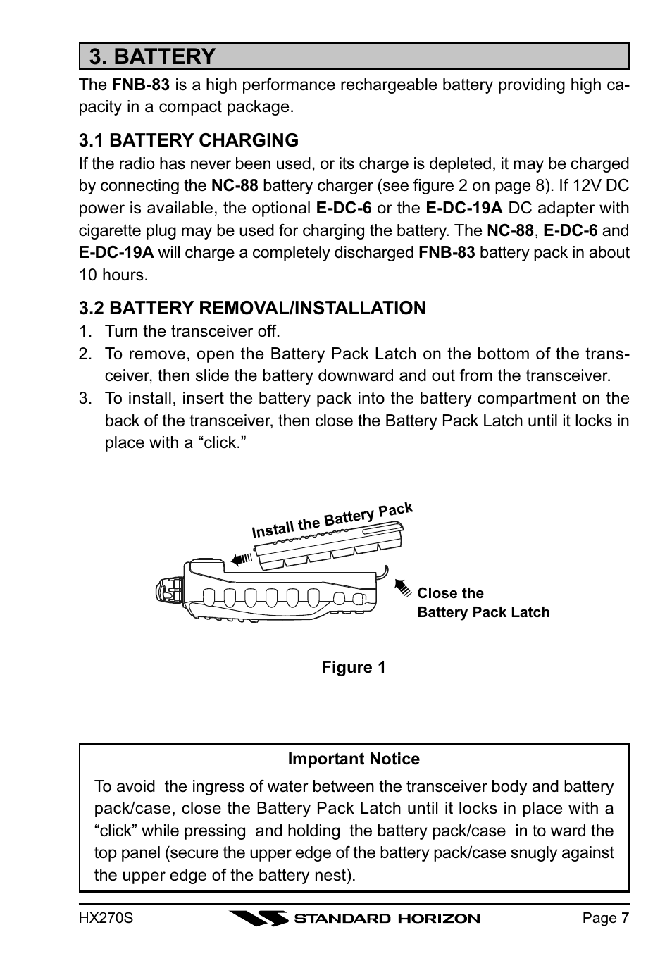 Battery | Standard Horizon HX270S User Manual | Page 9 / 44