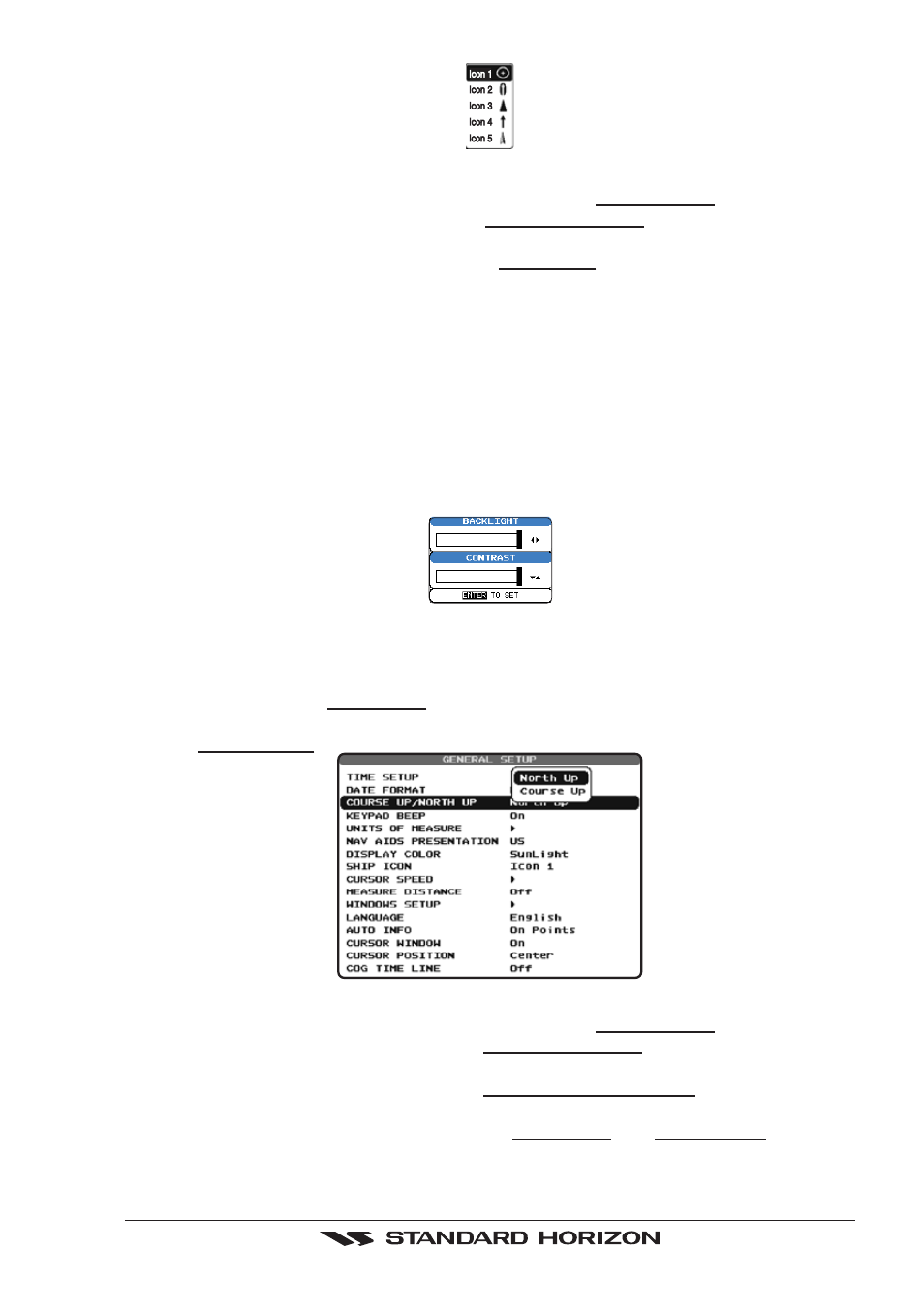 4 changing the backlight and contrast, 5 selecting north up or course up, Backlight | Contrast, Course up, Navigate menu, North up, Changing the backlight and contrast, Selecting north up or course up | Standard Horizon CP500 User Manual | Page 23 / 89