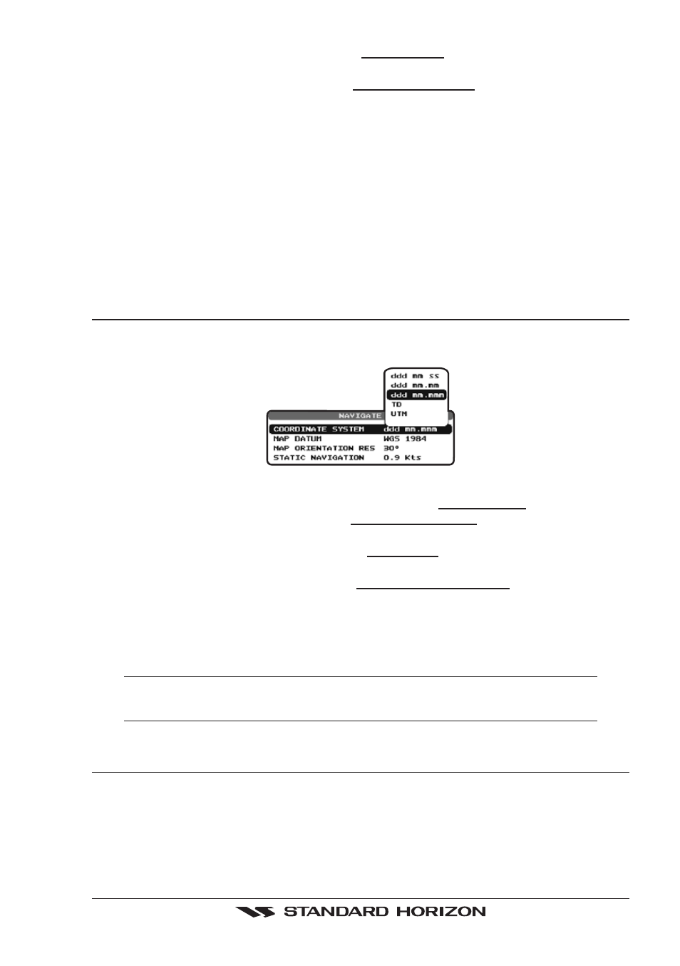 3 selecting loran td or other coordinate system, 4 changing the chart color, Latitude/longitude | Loran td, Night vision, Selecting loran td or other coordinate system, Changing the chart color | Standard Horizon CP500 User Manual | Page 25 / 89