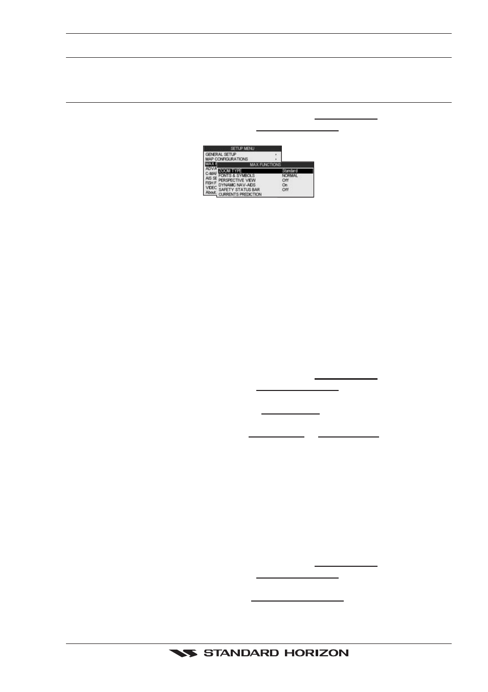 0 max functions menu, 0 zoom type, 1 fonts & symbols | Fonts & symbols, Map functions, Zoom type, Max functions menu 6.0.0 | Standard Horizon CP500 User Manual | Page 35 / 89