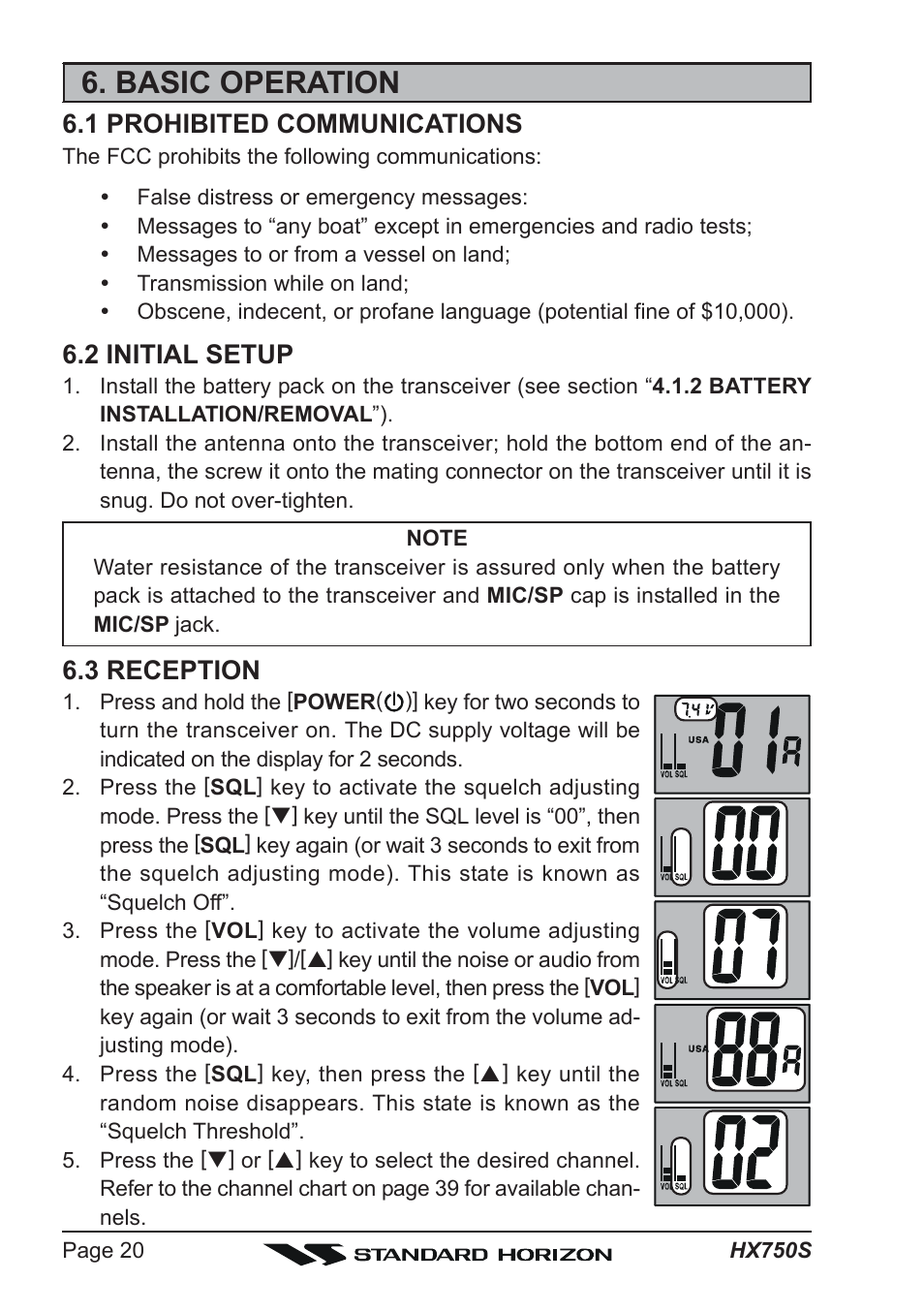 Basic operation, 1 prohibited communications, 2 initial setup | 3 reception | Standard Horizon Hx750s User Manual | Page 20 / 52