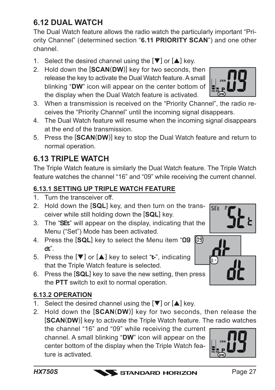 12 dual watch, 13 triple watch | Standard Horizon Hx750s User Manual | Page 27 / 52