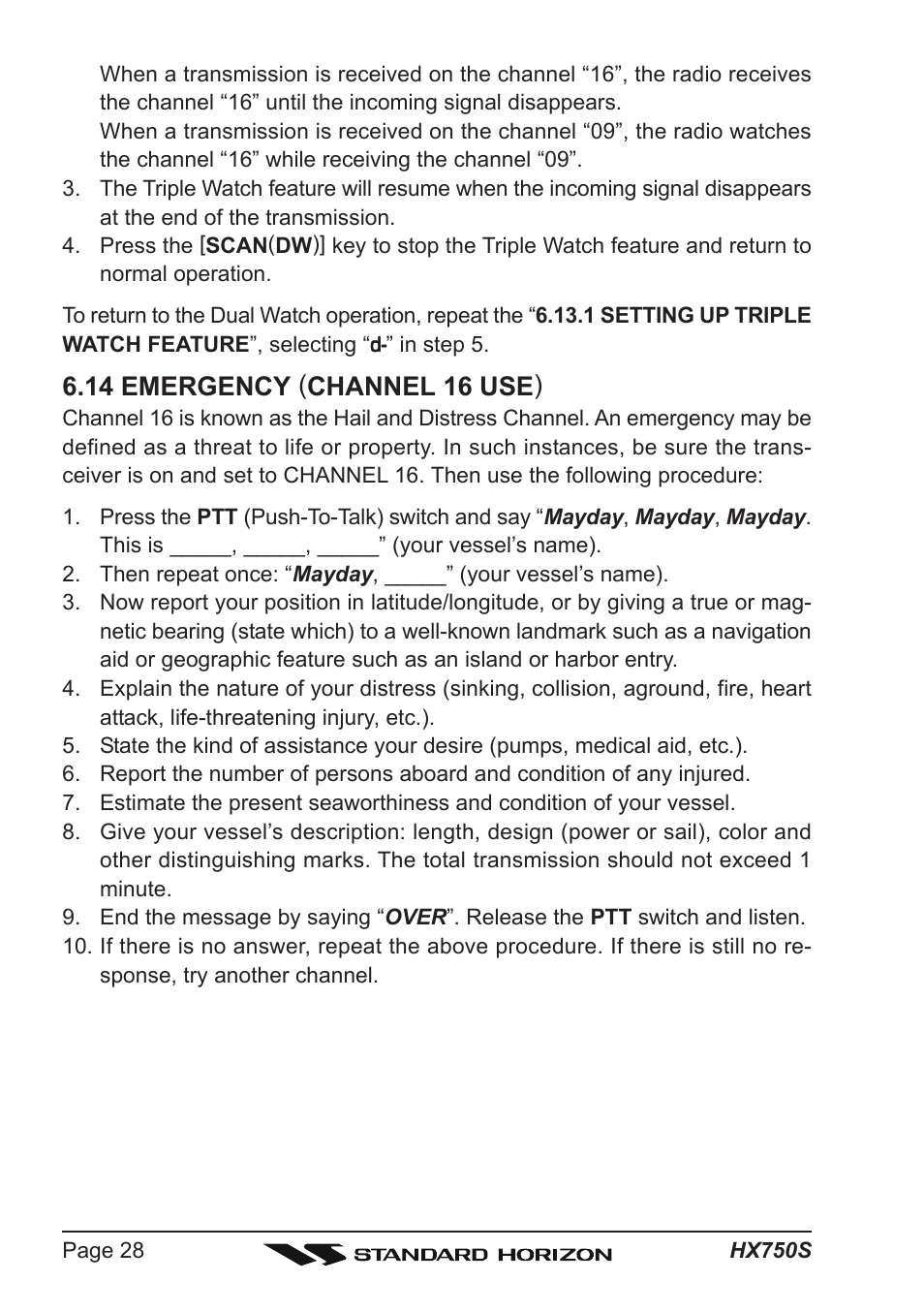 14 emergency ( channel 16 use ) | Standard Horizon Hx750s User Manual | Page 28 / 52