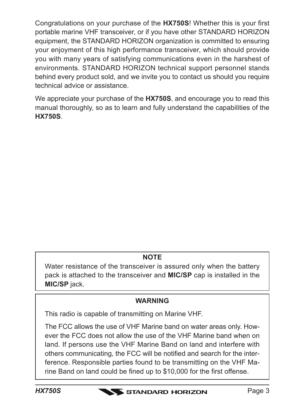 Standard Horizon Hx750s User Manual | Page 3 / 52