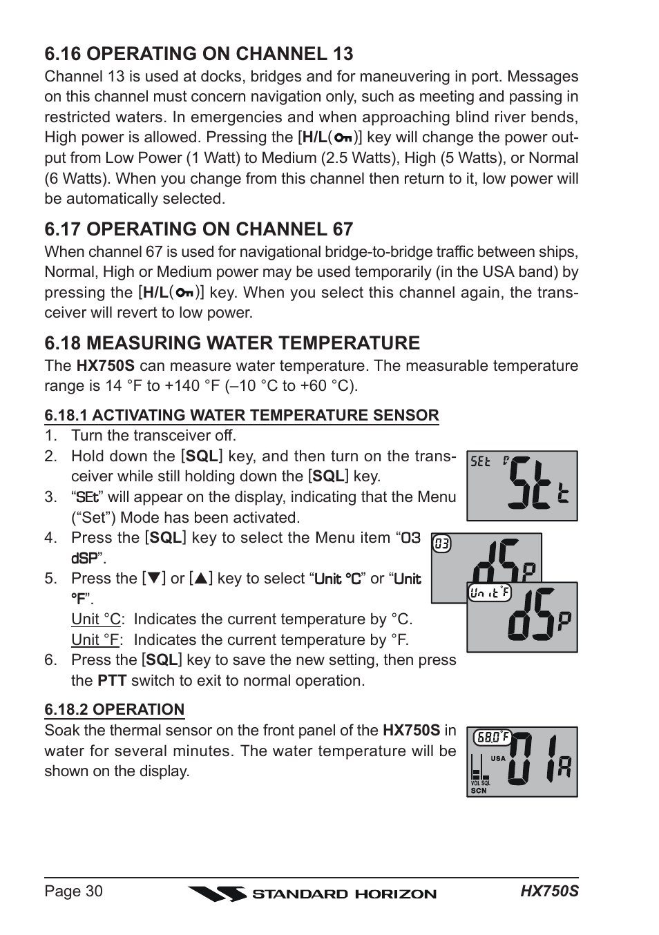 16 operating on channel 13, 17 operating on channel 67, 18 measuring water temperature | Standard Horizon Hx750s User Manual | Page 30 / 52