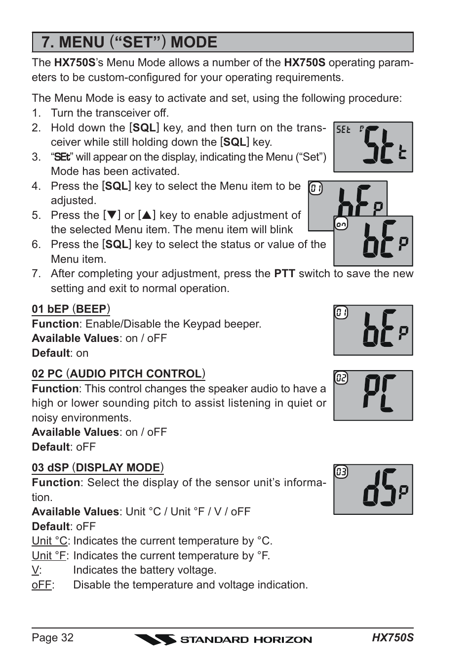 Menu ( “set” ) mode | Standard Horizon Hx750s User Manual | Page 32 / 52