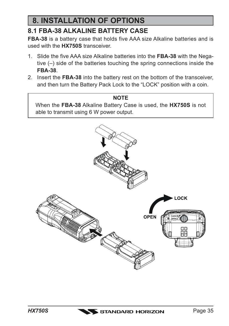 Installation of options, 1 fba-38 alkaline battery case | Standard Horizon Hx750s User Manual | Page 35 / 52