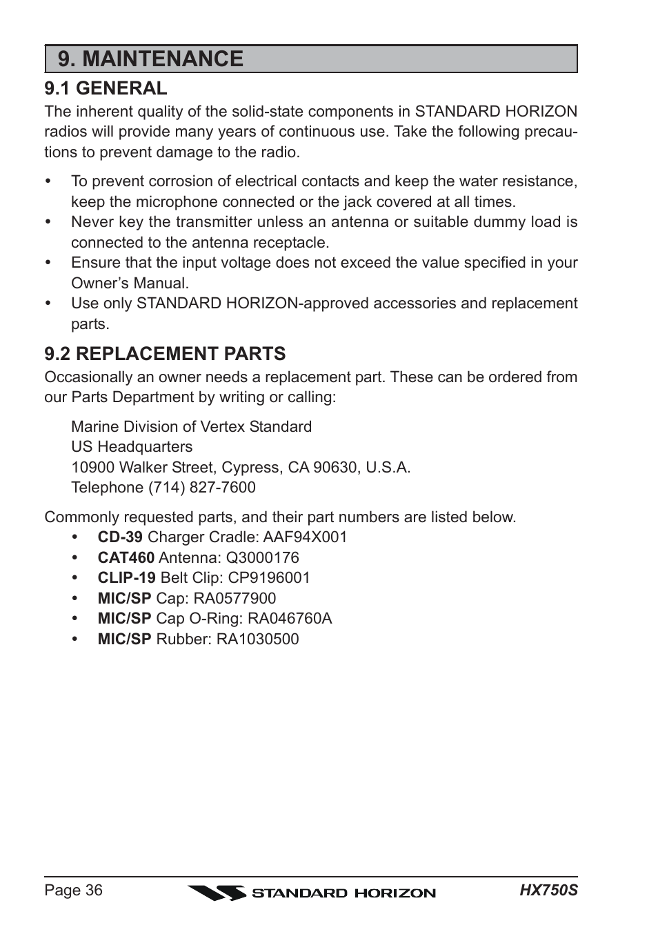 Maintenance, 1 general, 2 replacement parts | Standard Horizon Hx750s User Manual | Page 36 / 52