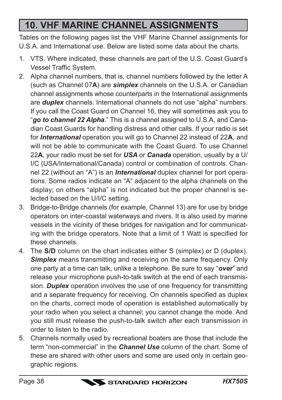 Vhf marine channel assignments | Standard Horizon Hx750s User Manual | Page 38 / 52