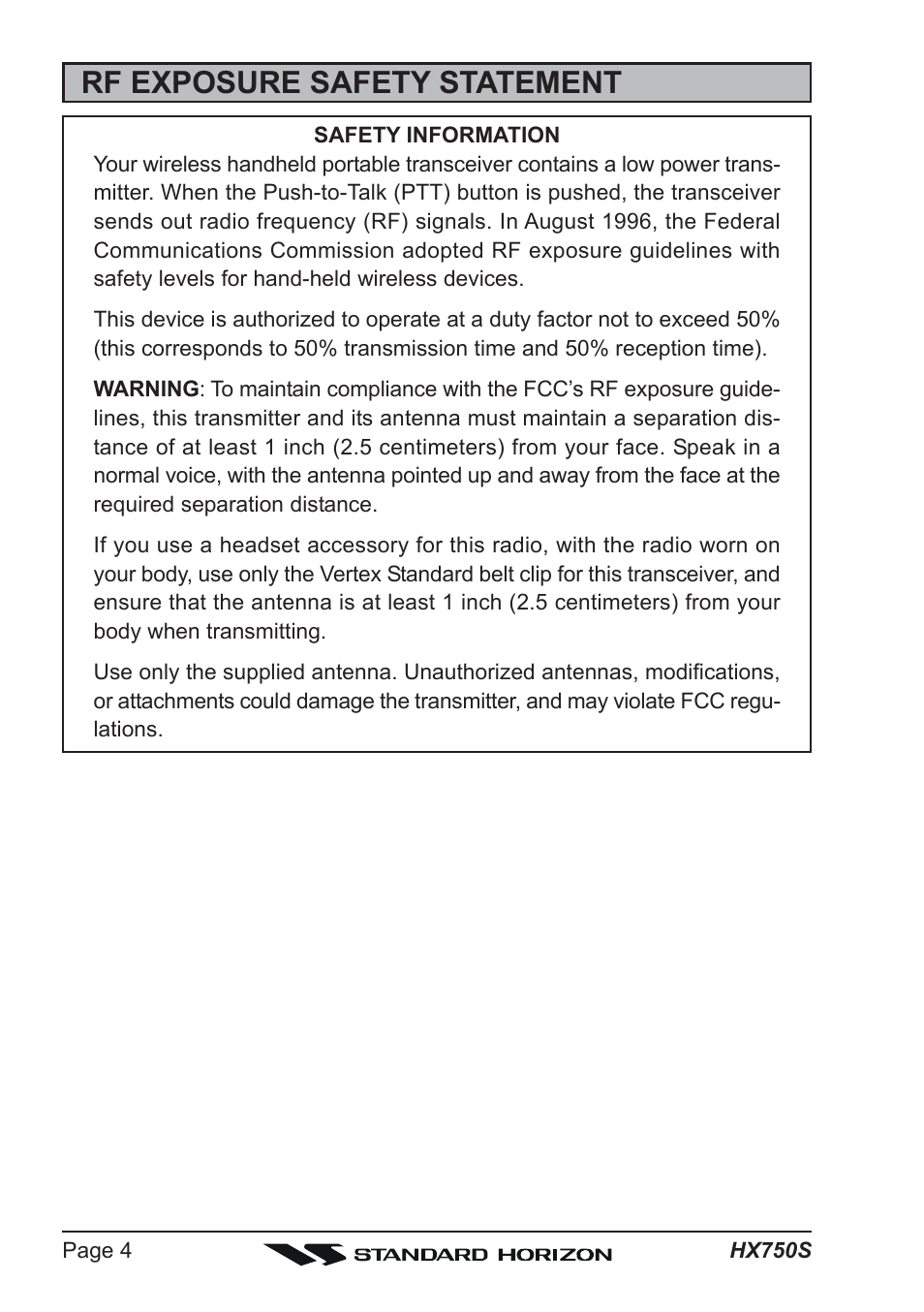 Rf exposure safety statement | Standard Horizon Hx750s User Manual | Page 4 / 52