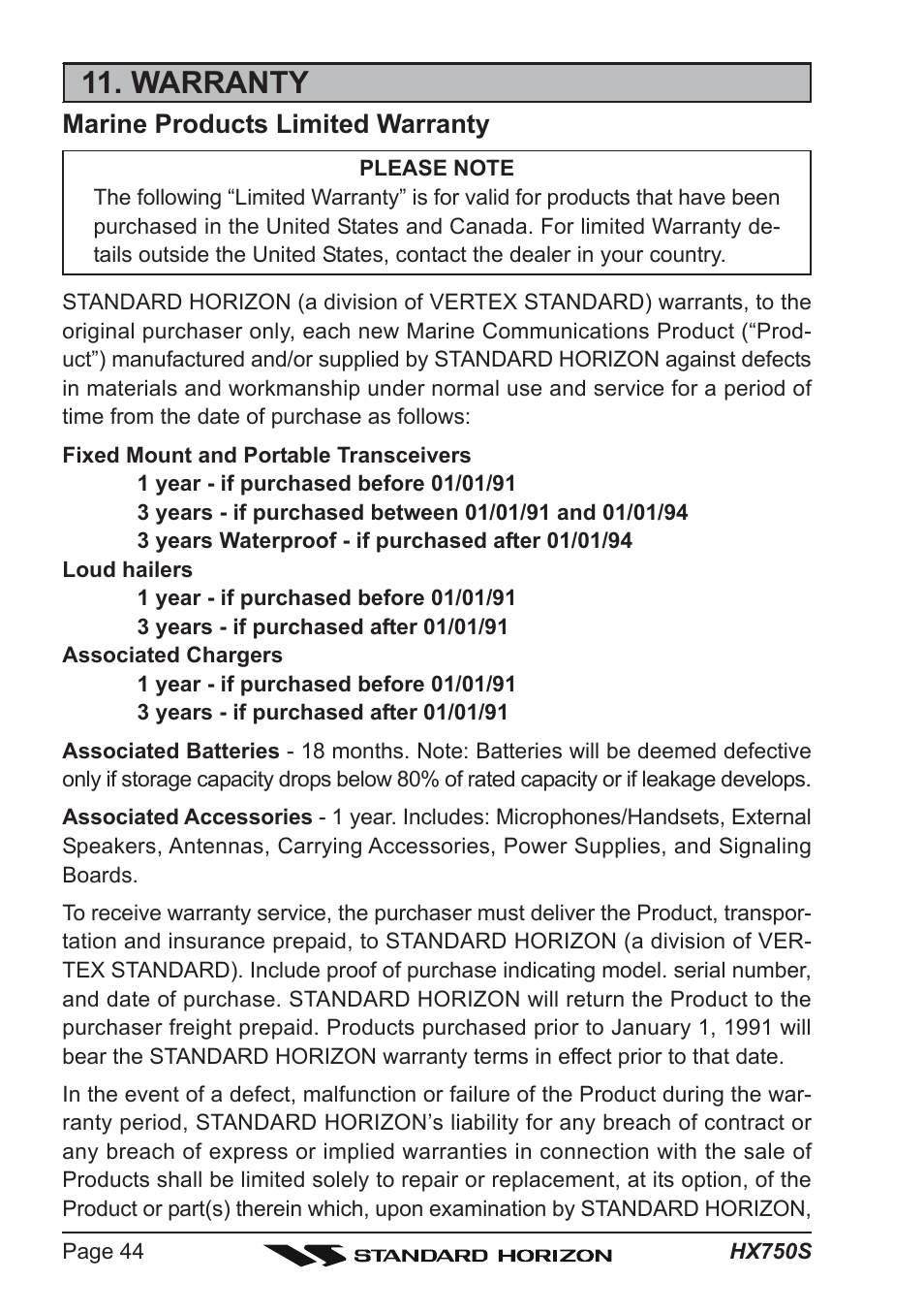 Warranty, Marine products limited warranty | Standard Horizon Hx750s User Manual | Page 44 / 52