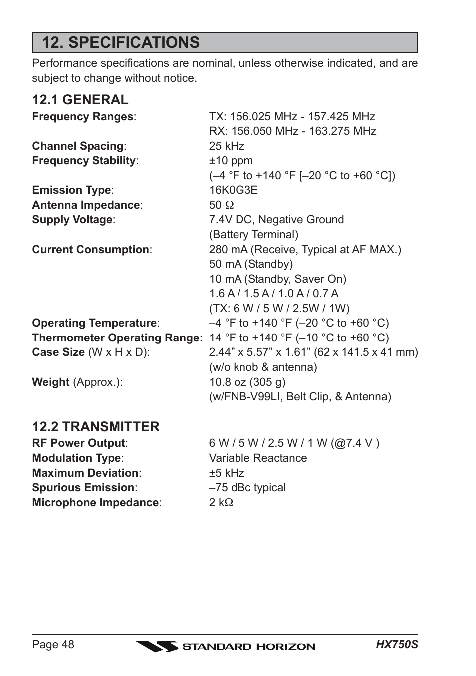 Specifications, 1 general, 2 transmitter | Standard Horizon Hx750s User Manual | Page 48 / 52