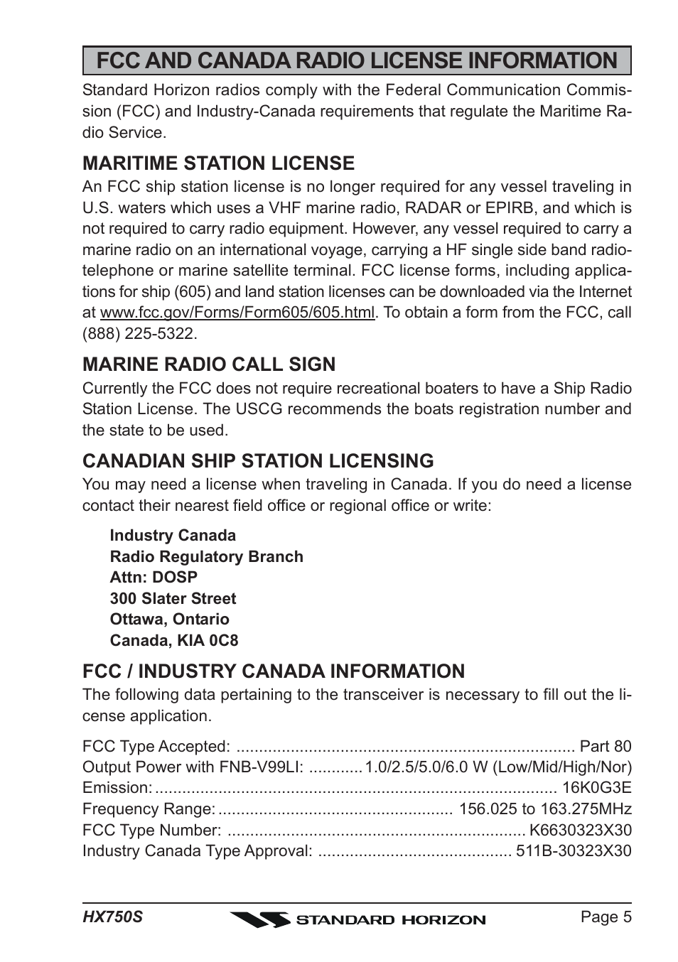 Fcc and canada radio license information | Standard Horizon Hx750s User Manual | Page 5 / 52