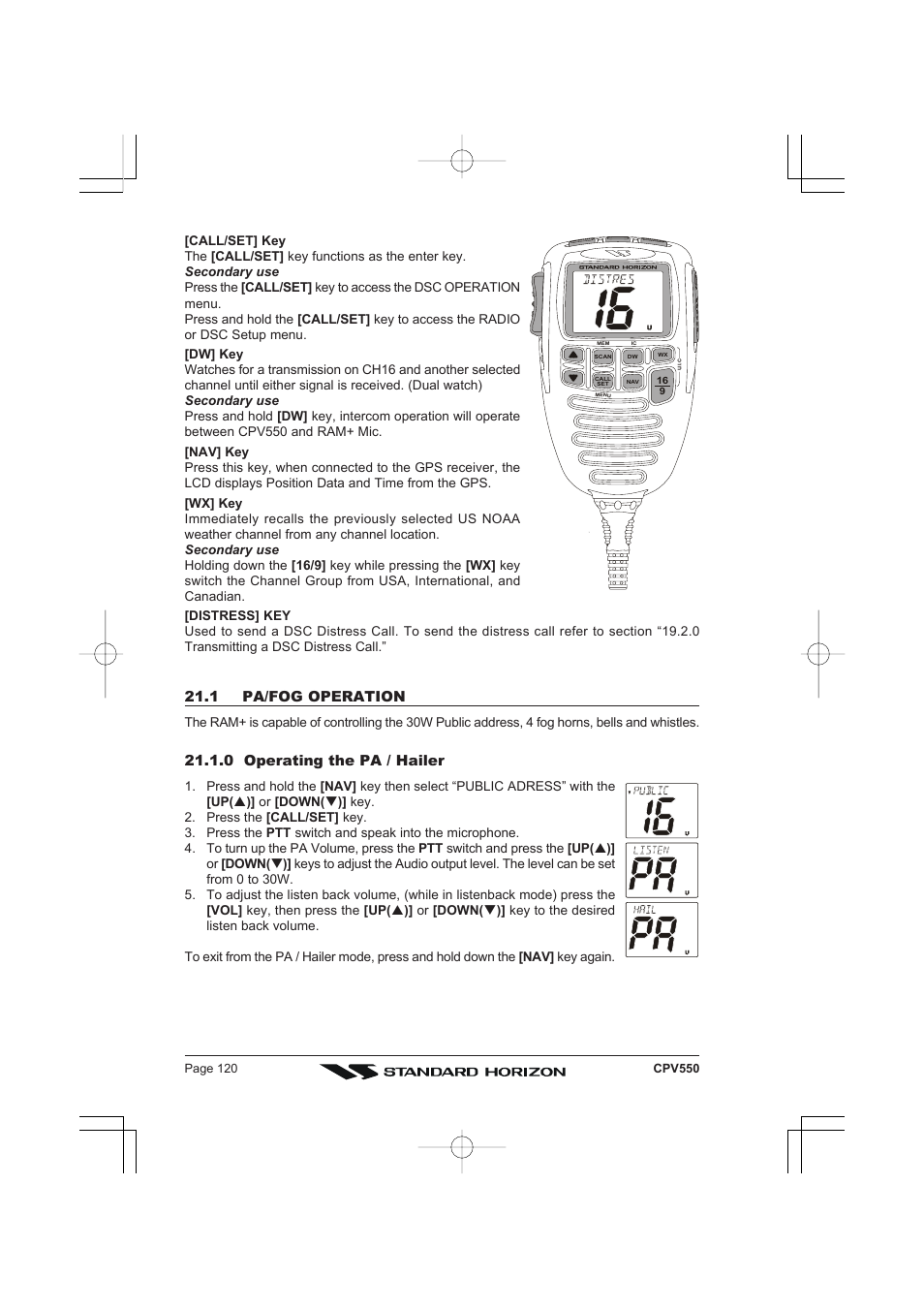 1 pa/fog operation, 0 operating the pa / hailer | Standard Horizon CPV550 User Manual | Page 120 / 148