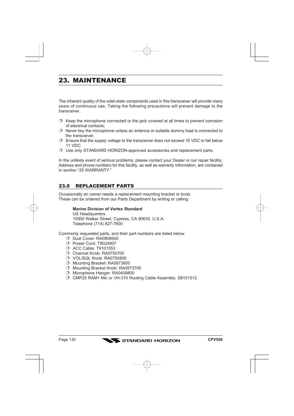 Maintenance | Standard Horizon CPV550 User Manual | Page 130 / 148