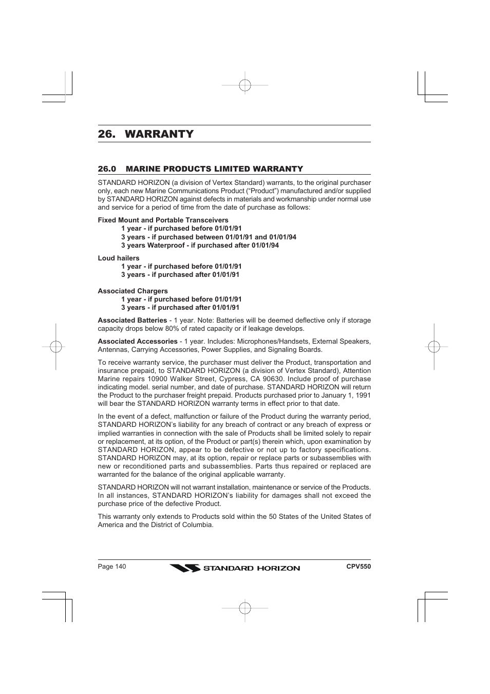 Warranty | Standard Horizon CPV550 User Manual | Page 140 / 148