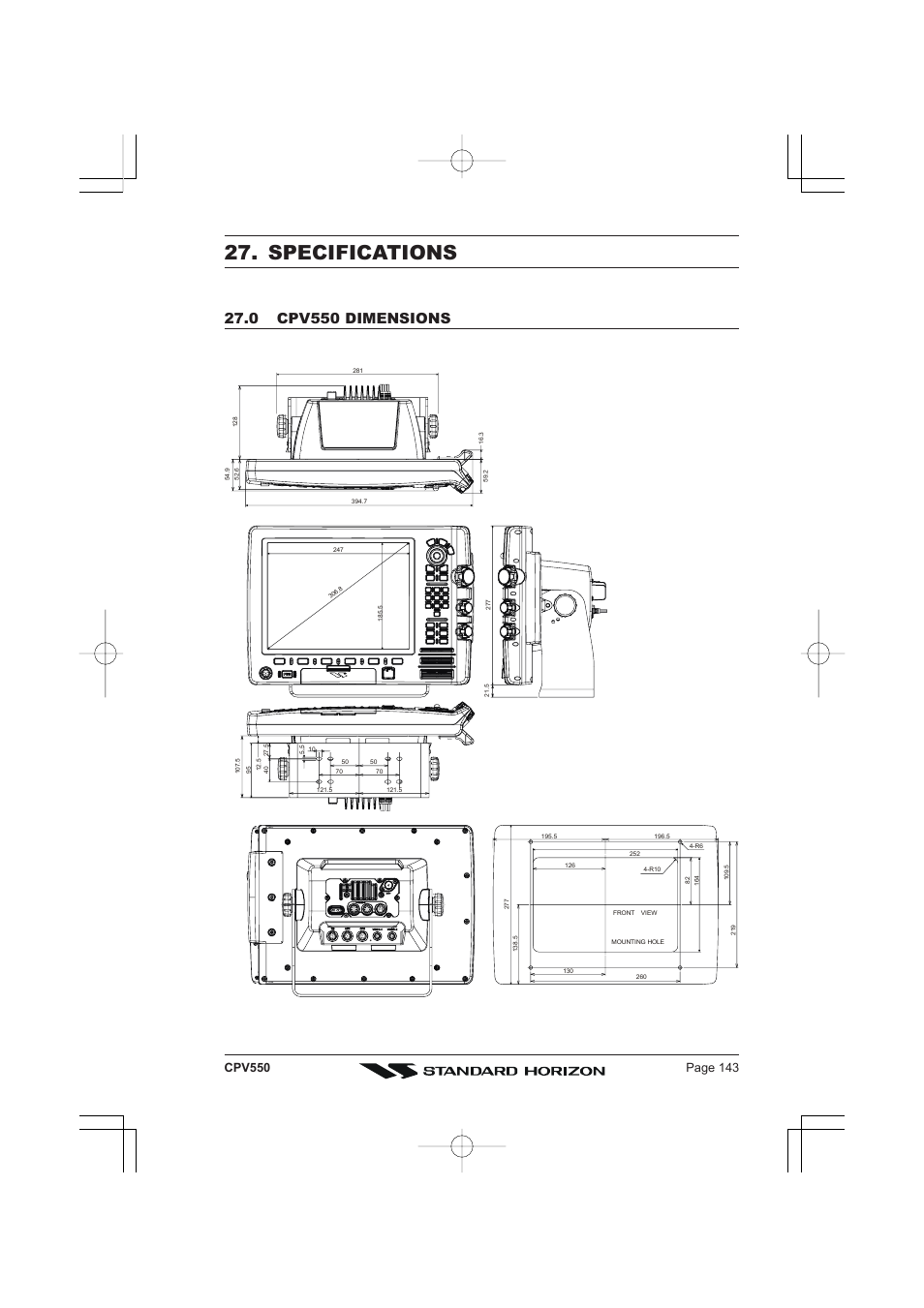 Specifications, 0 cpv550 dimensions | Standard Horizon CPV550 User Manual | Page 143 / 148