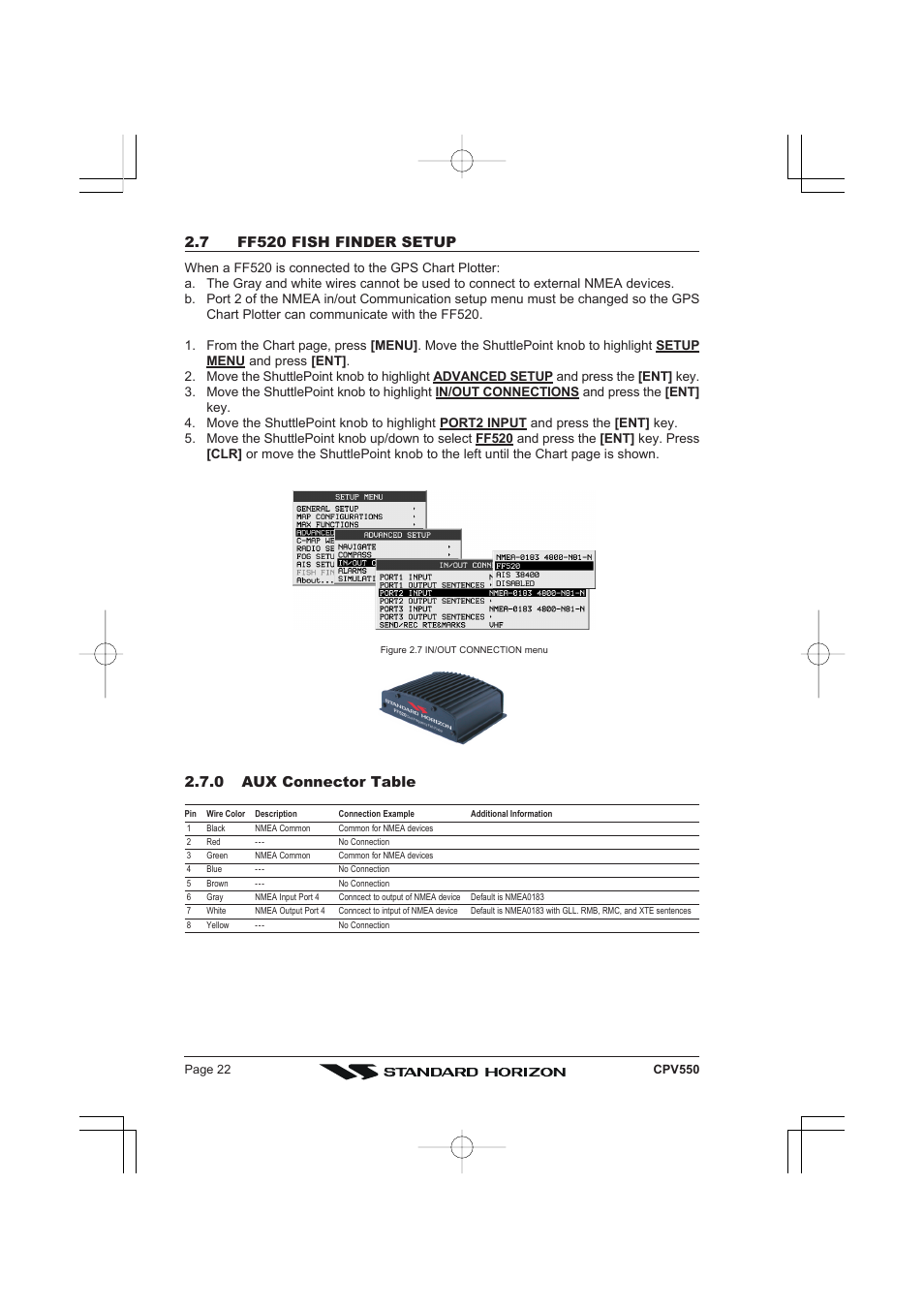 7 ff520 fish finder setup, 0 aux connector table | Standard Horizon CPV550 User Manual | Page 22 / 148