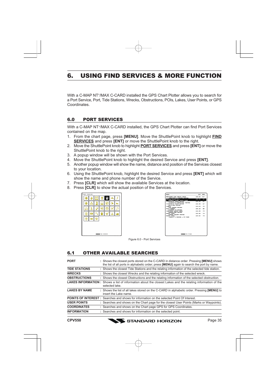 Using find services & more function | Standard Horizon CPV550 User Manual | Page 35 / 148