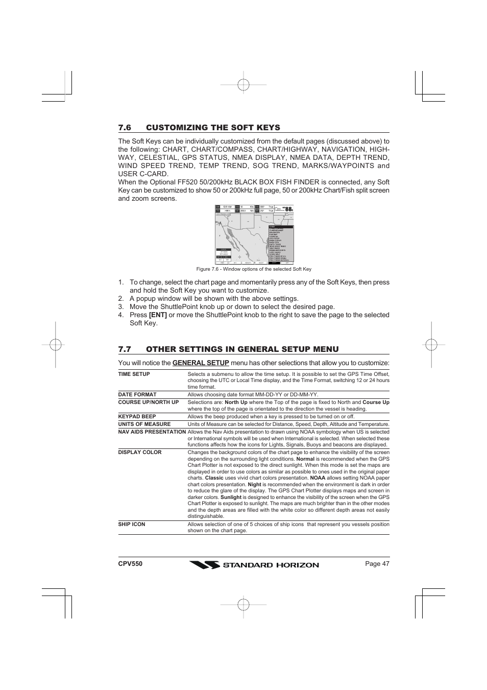 6 customizing the soft keys, 7 other settings in general setup menu | Standard Horizon CPV550 User Manual | Page 47 / 148