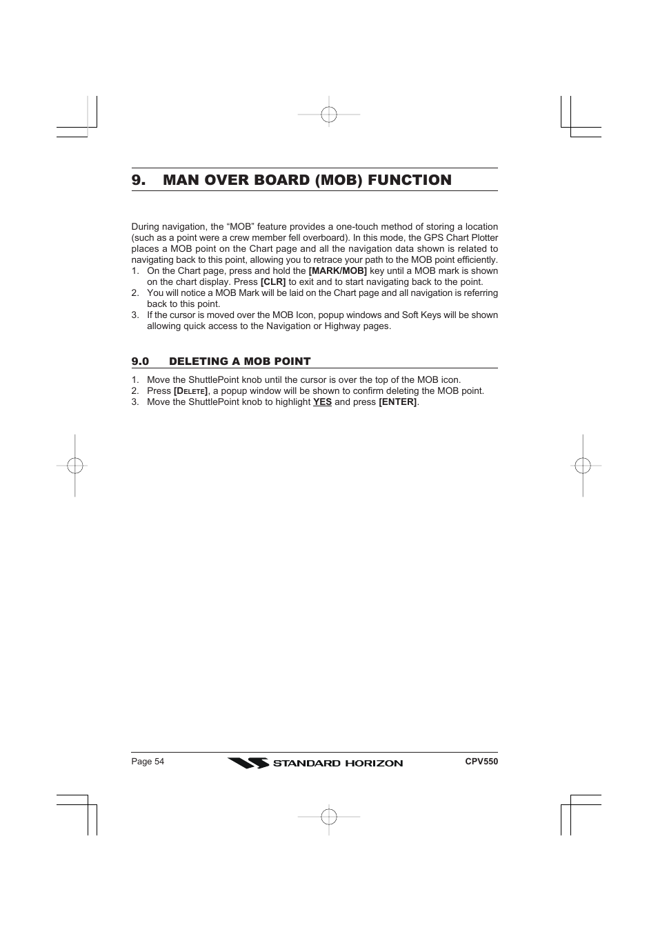 Man over board (mob) function | Standard Horizon CPV550 User Manual | Page 54 / 148