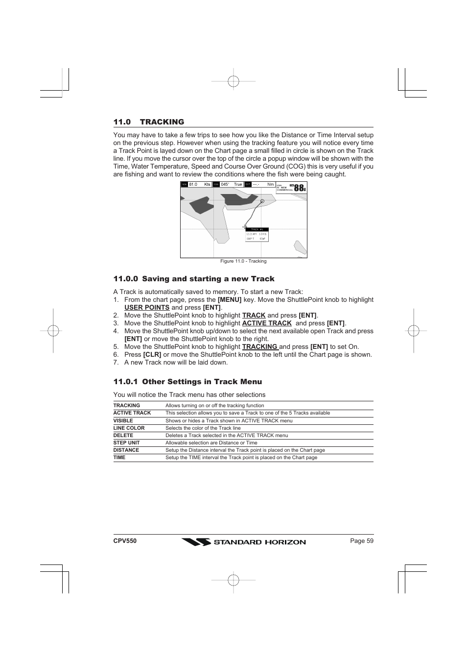 0 tracking, 0 saving and starting a new track, 1 other settings in track menu | Standard Horizon CPV550 User Manual | Page 59 / 148