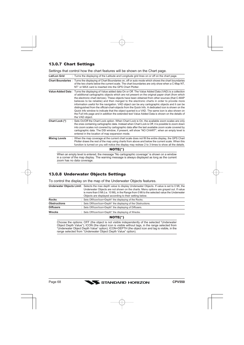 7 chart settings, 8 underwater objects settings | Standard Horizon CPV550 User Manual | Page 68 / 148