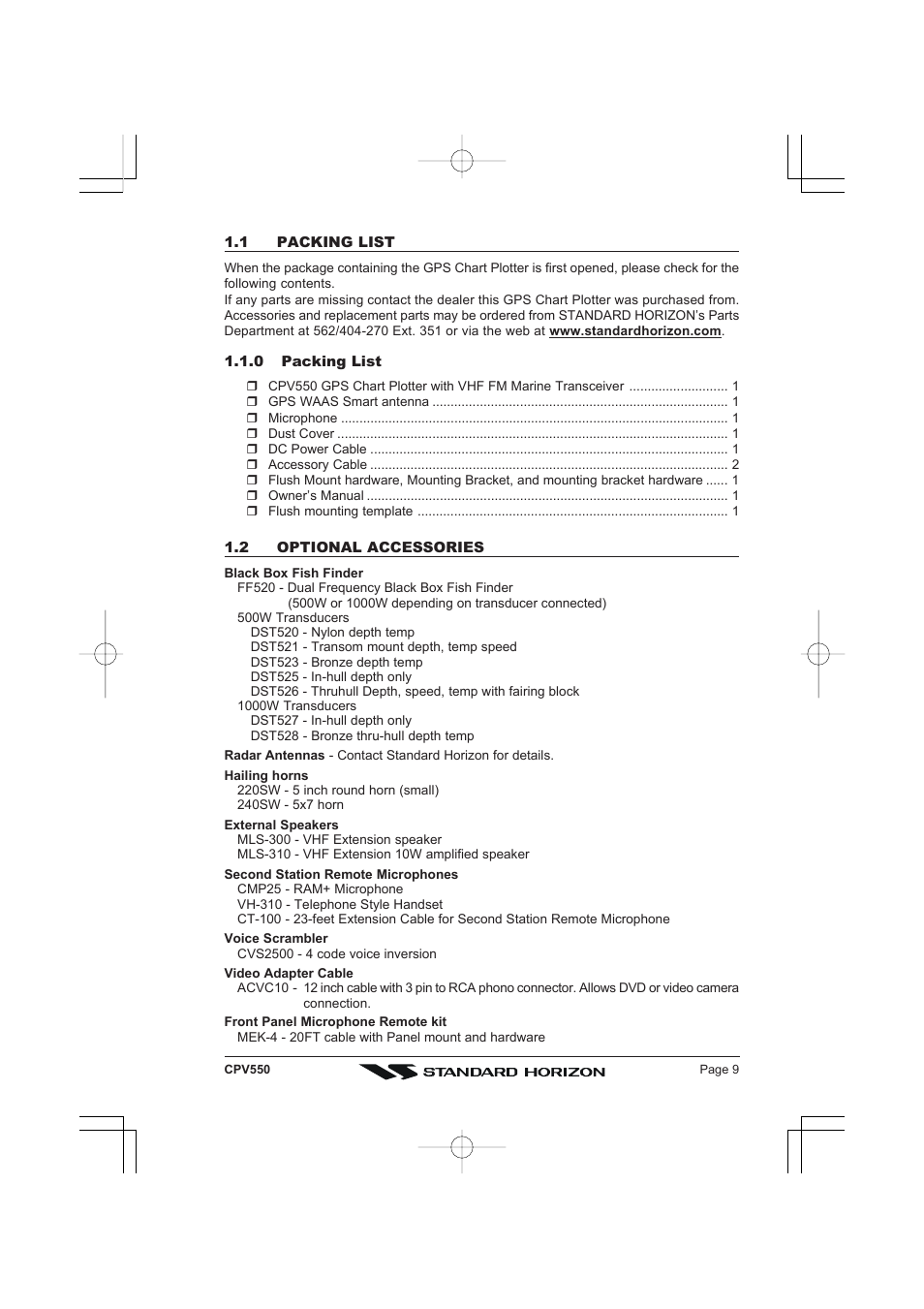 Standard Horizon CPV550 User Manual | Page 9 / 148