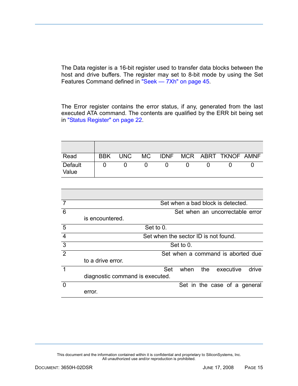 Ata registers, Data register, Error register | Table 17: error register, Ata r | Silicon Image SiliconDrive SSDS00-3650H-R User Manual | Page 27 / 78