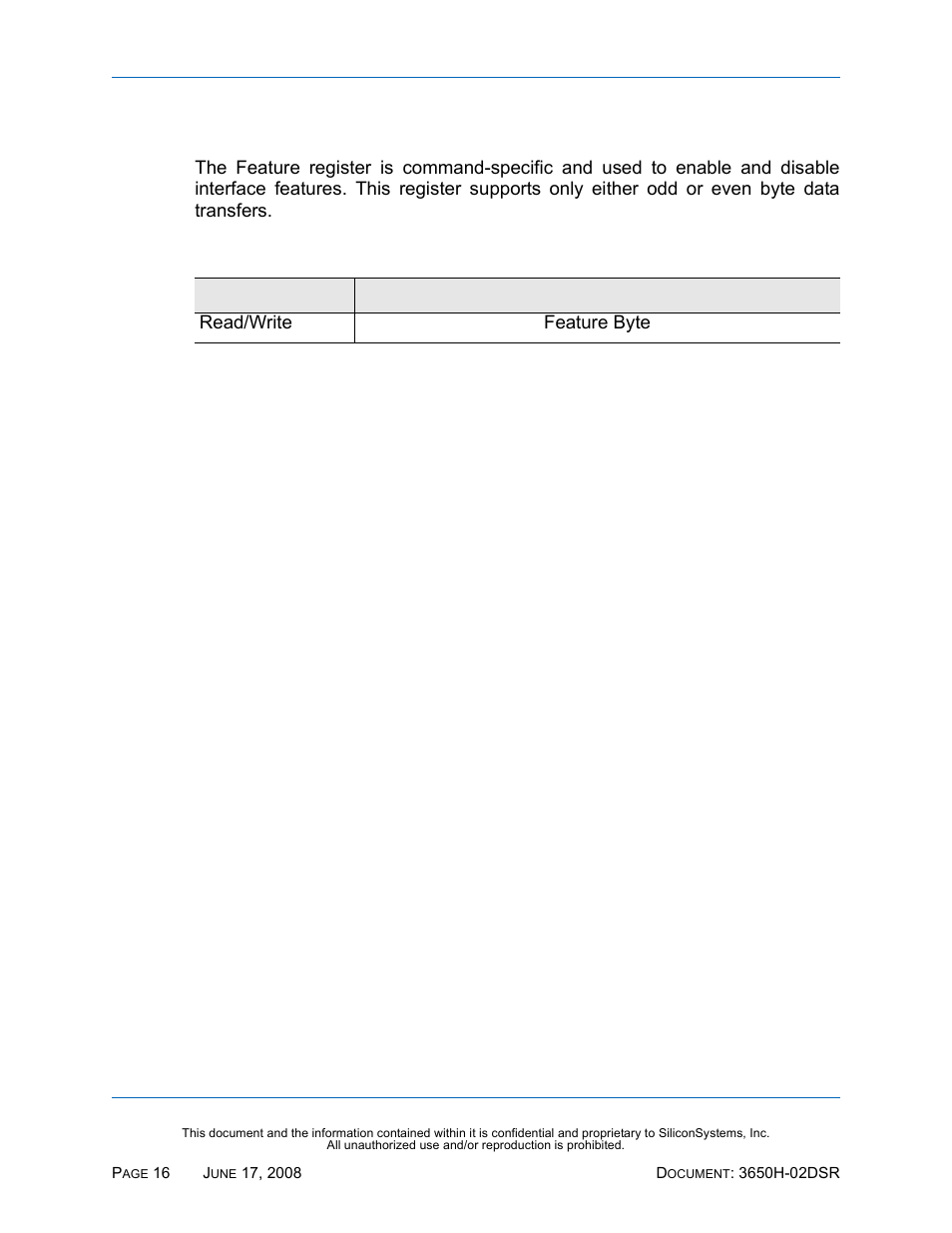 Feature register, Table 18: feature register | Silicon Image SiliconDrive SSDS00-3650H-R User Manual | Page 28 / 78