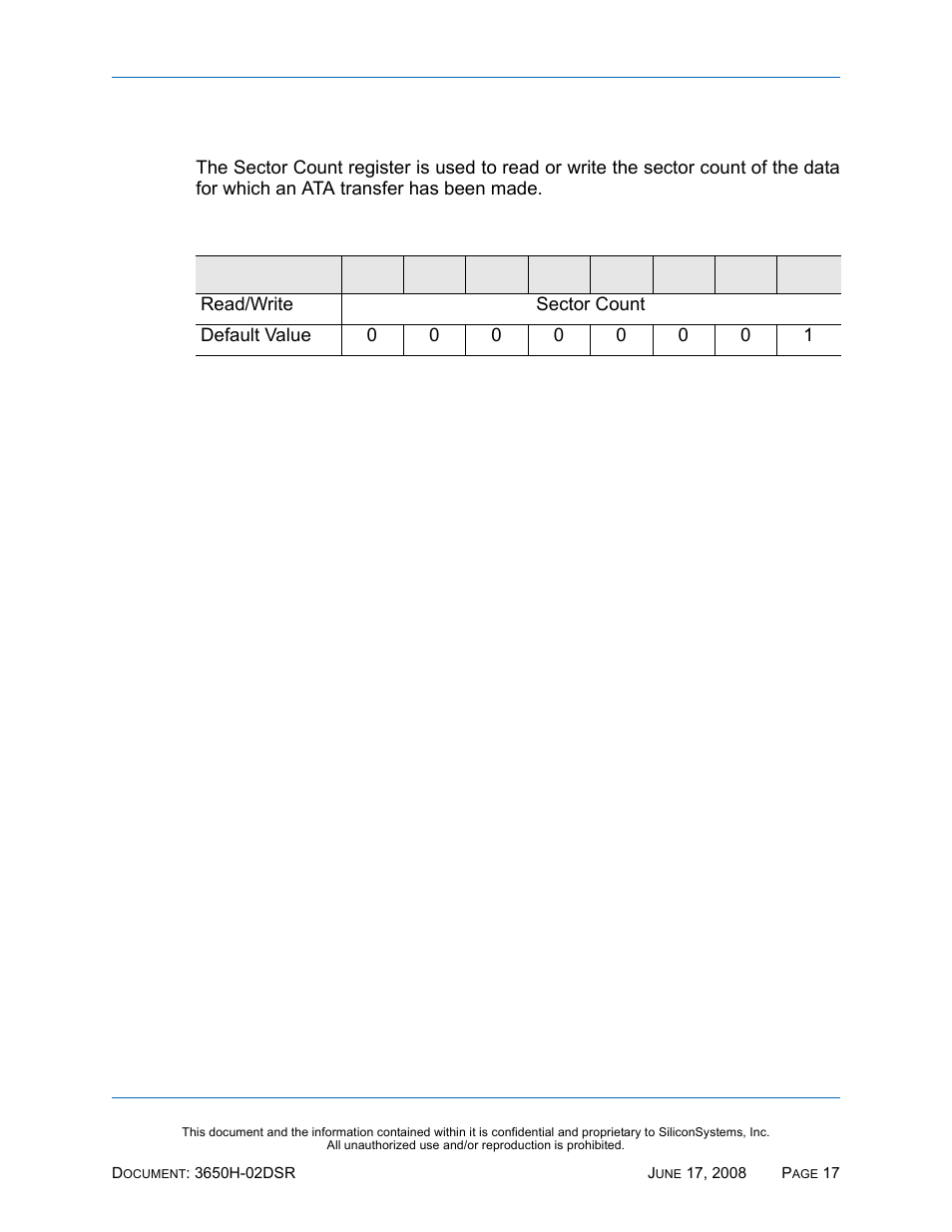 Sector count register, Table 19: sector count register | Silicon Image SiliconDrive SSDS00-3650H-R User Manual | Page 29 / 78