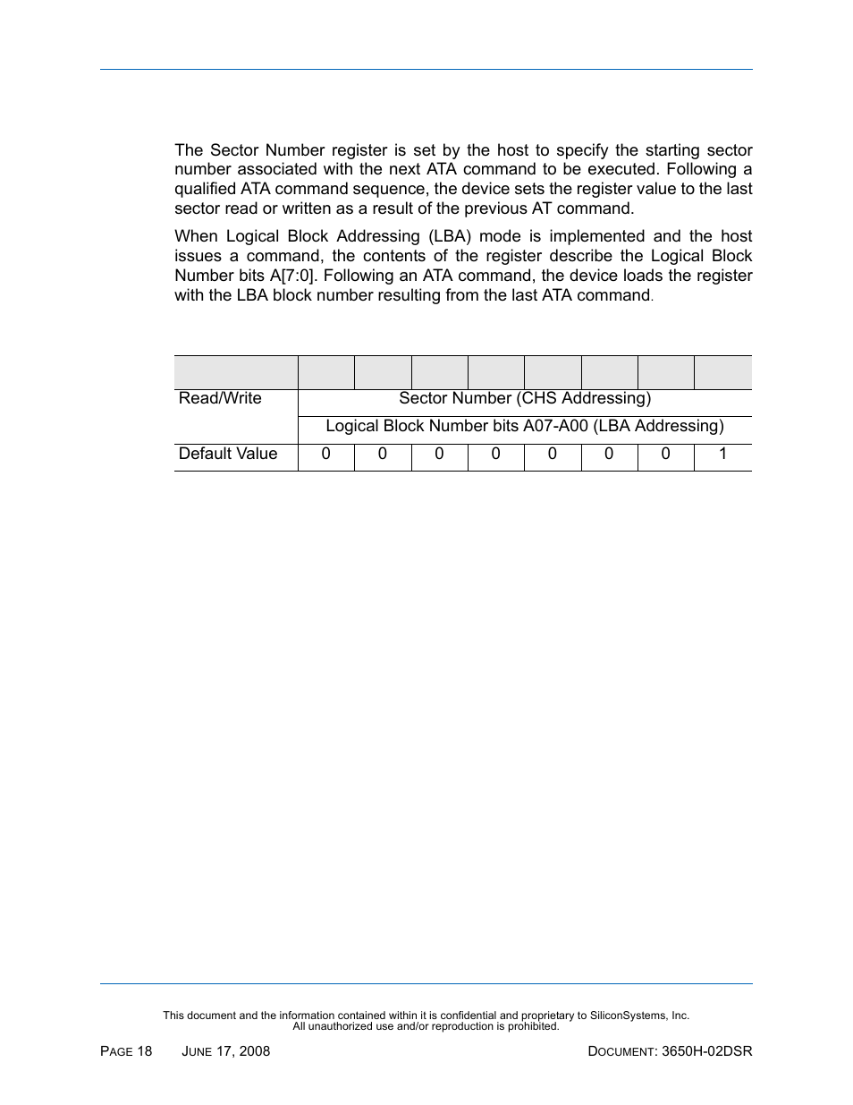 Sector number register, Table 20: sector number register | Silicon Image SiliconDrive SSDS00-3650H-R User Manual | Page 30 / 78