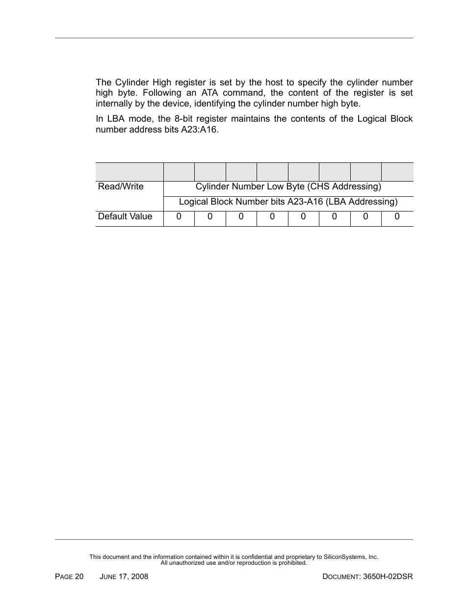 Cylinder high register, Table 22: cylinder high register | Silicon Image SiliconDrive SSDS00-3650H-R User Manual | Page 32 / 78
