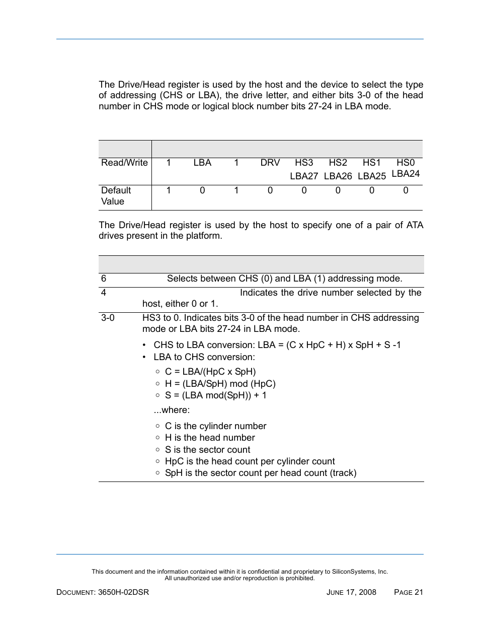 Drive/head register, Table 23: drive/head register | Silicon Image SiliconDrive SSDS00-3650H-R User Manual | Page 33 / 78