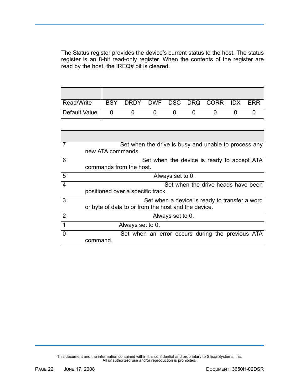 Status register, Table 24: status register | Silicon Image SiliconDrive SSDS00-3650H-R User Manual | Page 34 / 78